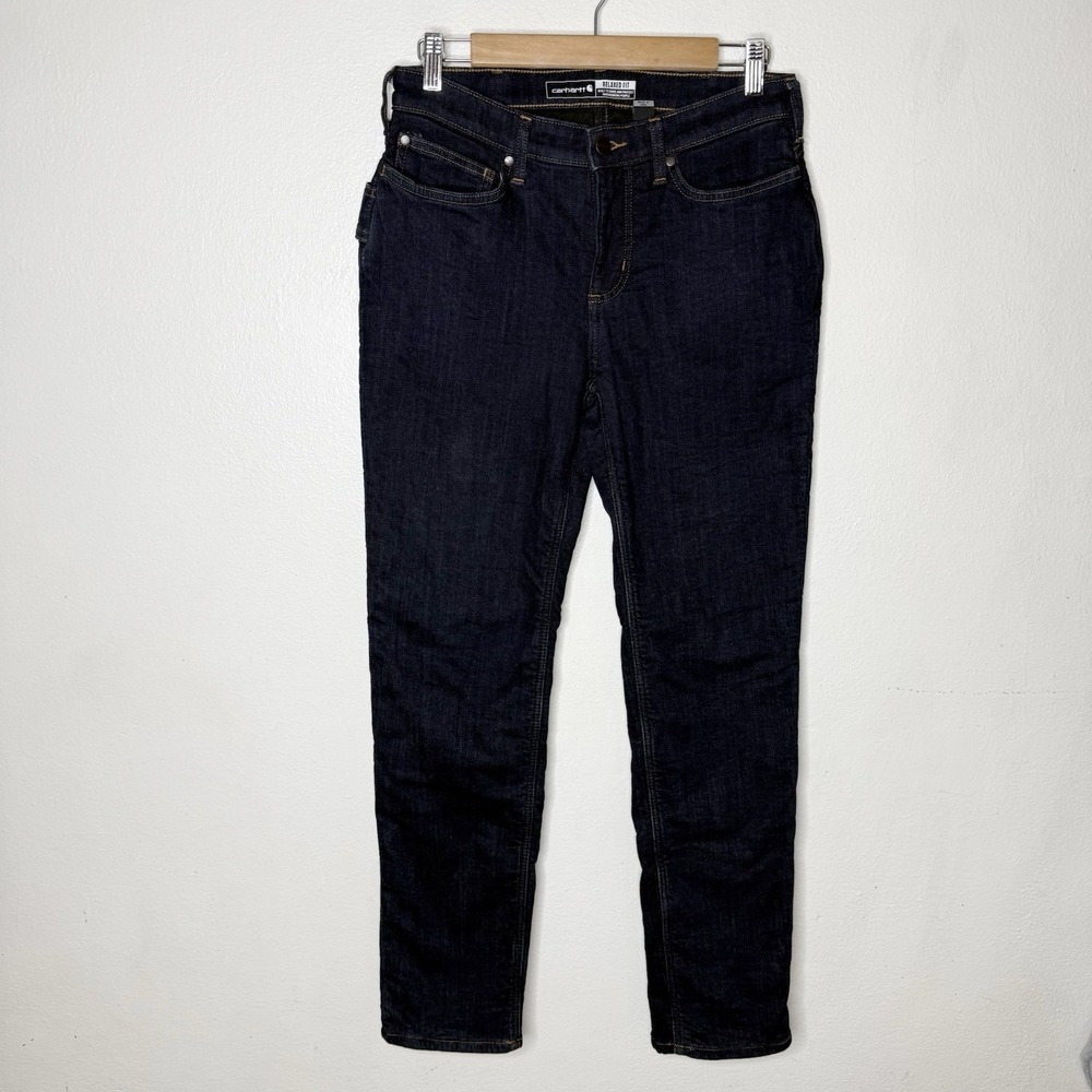 Carhartt Relaxed Fit Dark Denim Fleece‎ Lined Jeans Winter Work Womens 4